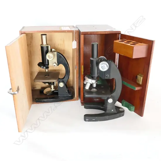 TWO MICROSCOPES, AS-IS, ODD BOXES, PARTS MISSING